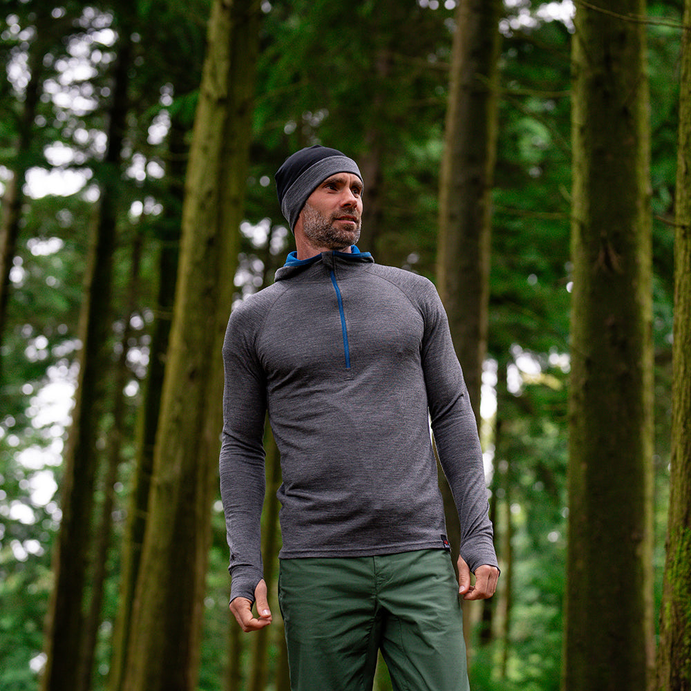 Isobaa | Mens Merino 200 Zip Neck Hoodie (Smoke) | The ultimate 200gm Merino wool hoodie. | Model: Ben