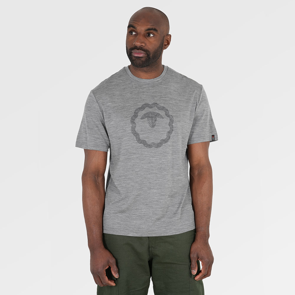 Mens Merino 150 Emblem Relaxed Tee (Charcoal/Smoke) | Model: Michael