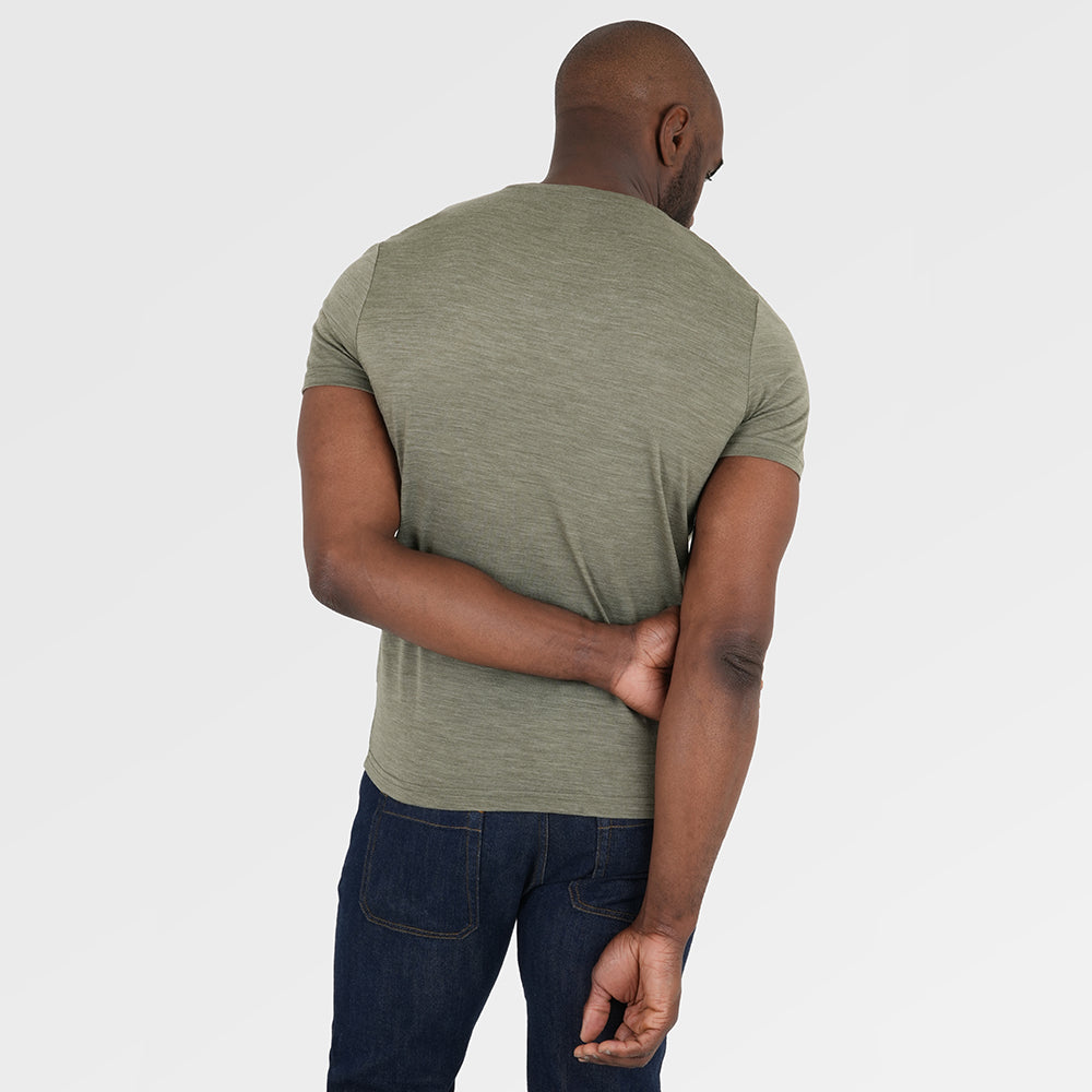 Mens Merino 150 Emblem Tee (Olive/Jute) | Model: Michael