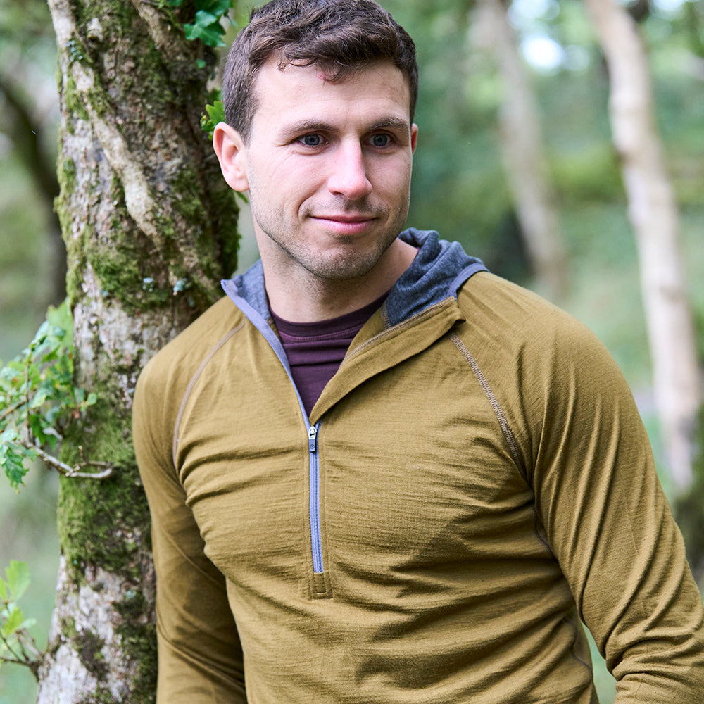 Mens Merino 200 Zip Neck Hoodie (Dull Gold) | Model: James