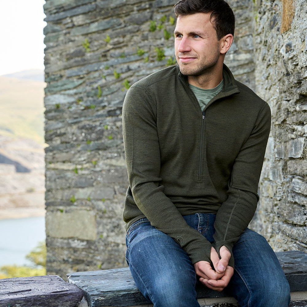 Mens Merino 320 Long Sleeve Half Zip (Dark Olive) | Model: James