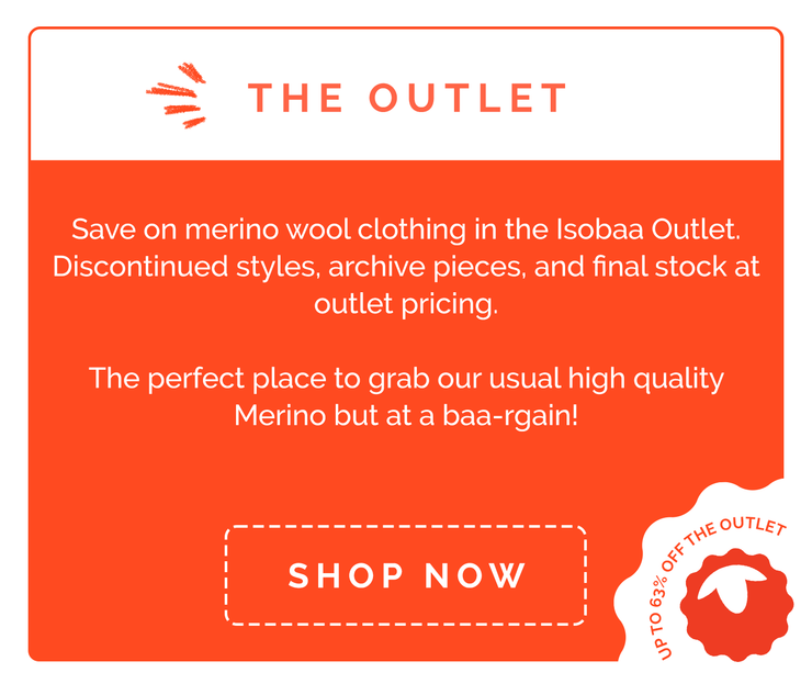 Isobaa outlet promotion banner. Text advertises discounted merino clothing and invites shopping now.