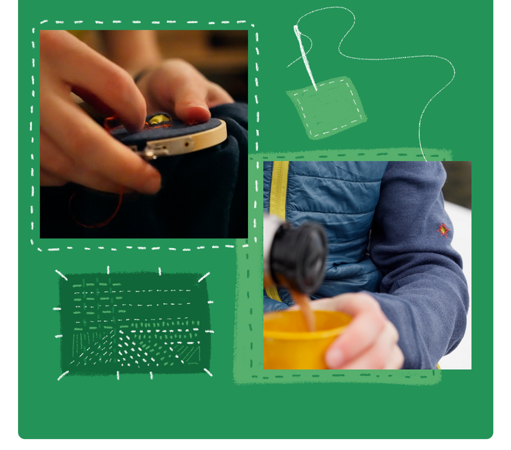 Clothing repair illustration: two photos showing hands embroidering fabric using a hoop, and applying dye or treatment to a blue jacket with a brush, surrounded by illustrated sewing and repair motifs on a green background.