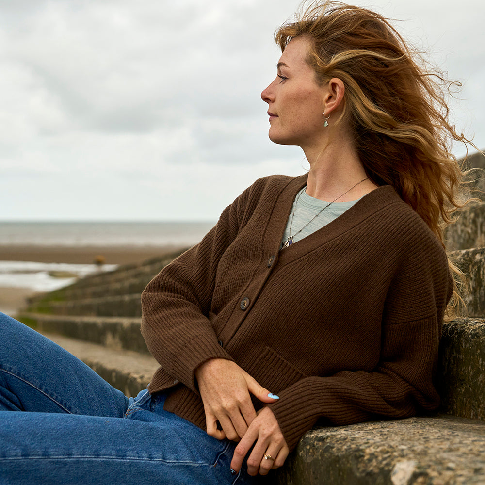 Womens Herdwick Merino Cardigan (Brown) | Model: Emma