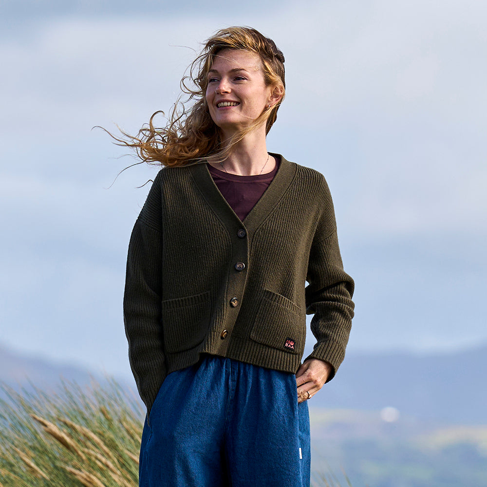 Womens Herdwick Merino Cardigan (Dark Olive) | Model: Emma