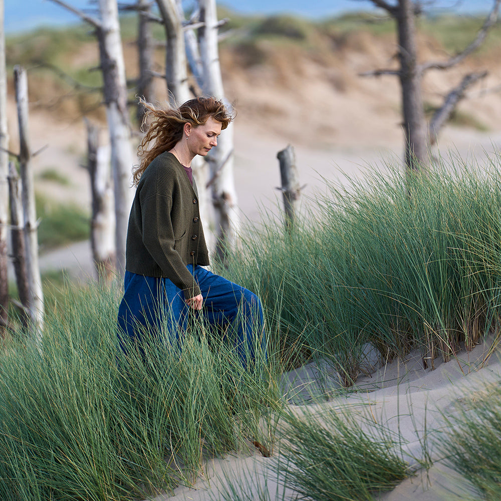 Womens Herdwick Merino Cardigan (Dark Olive) | Model: Emma