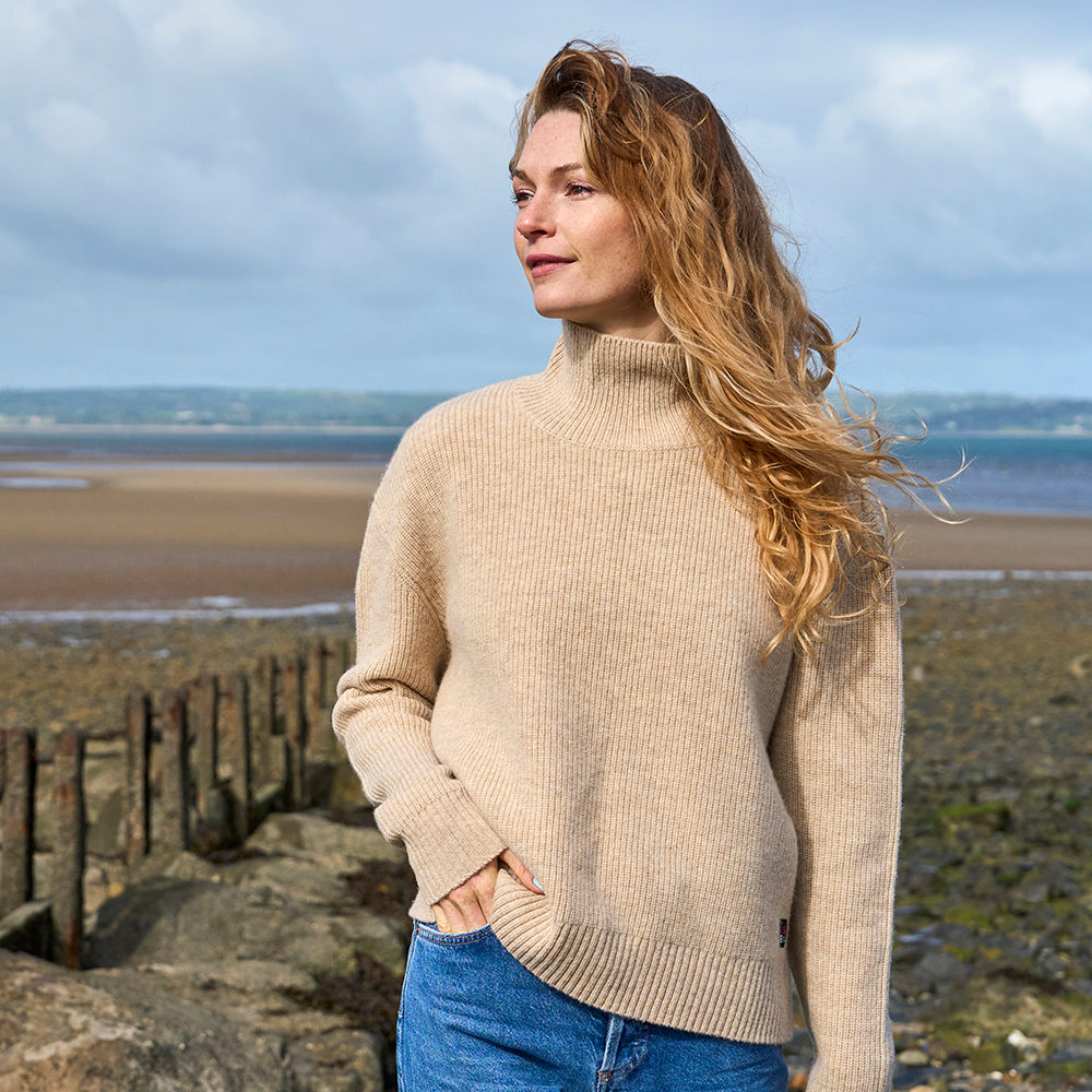 Womens Herdwick Merino Funnel Neck Sweater (Oatmeal) | Model: Emma