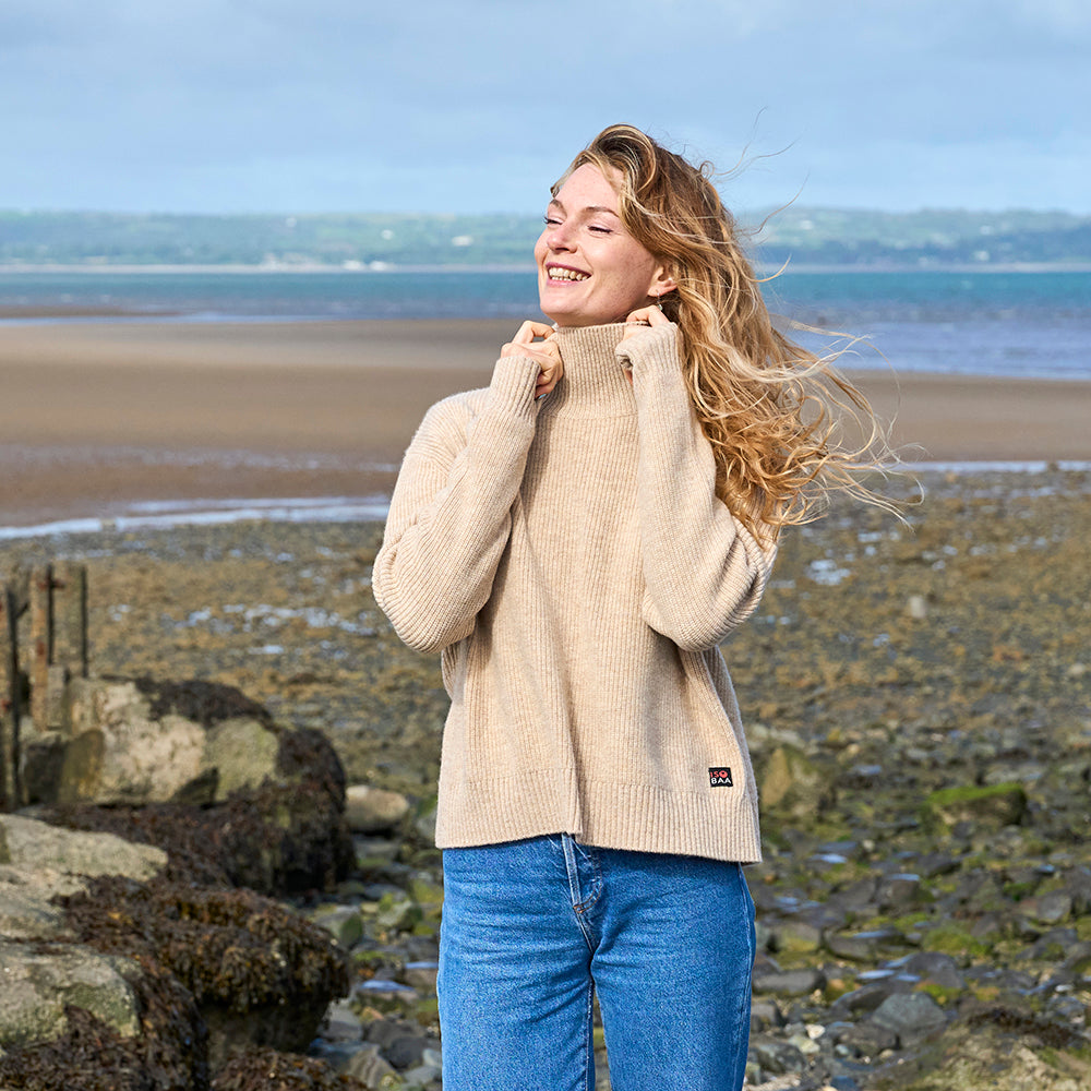 Womens Herdwick Merino Funnel Neck Sweater (Oatmeal) | Model: Emma