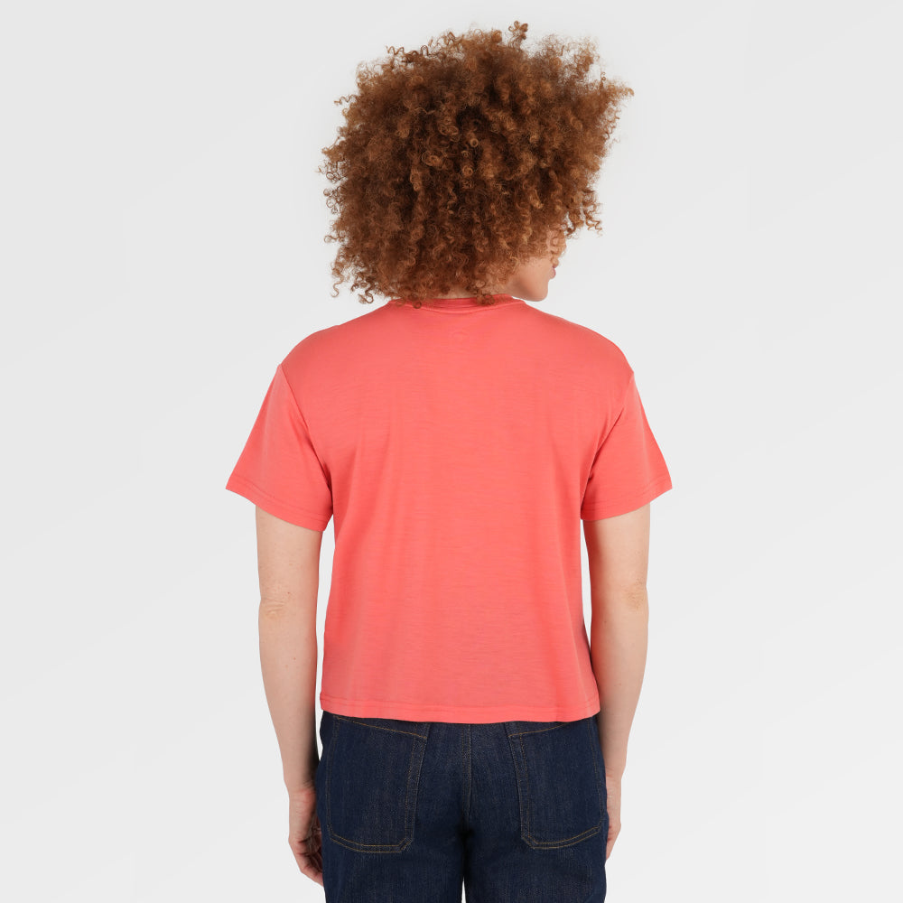 Womens Merino 150 Camping Relaxed Tee (Coral/Wine) | Model: Chi Chi