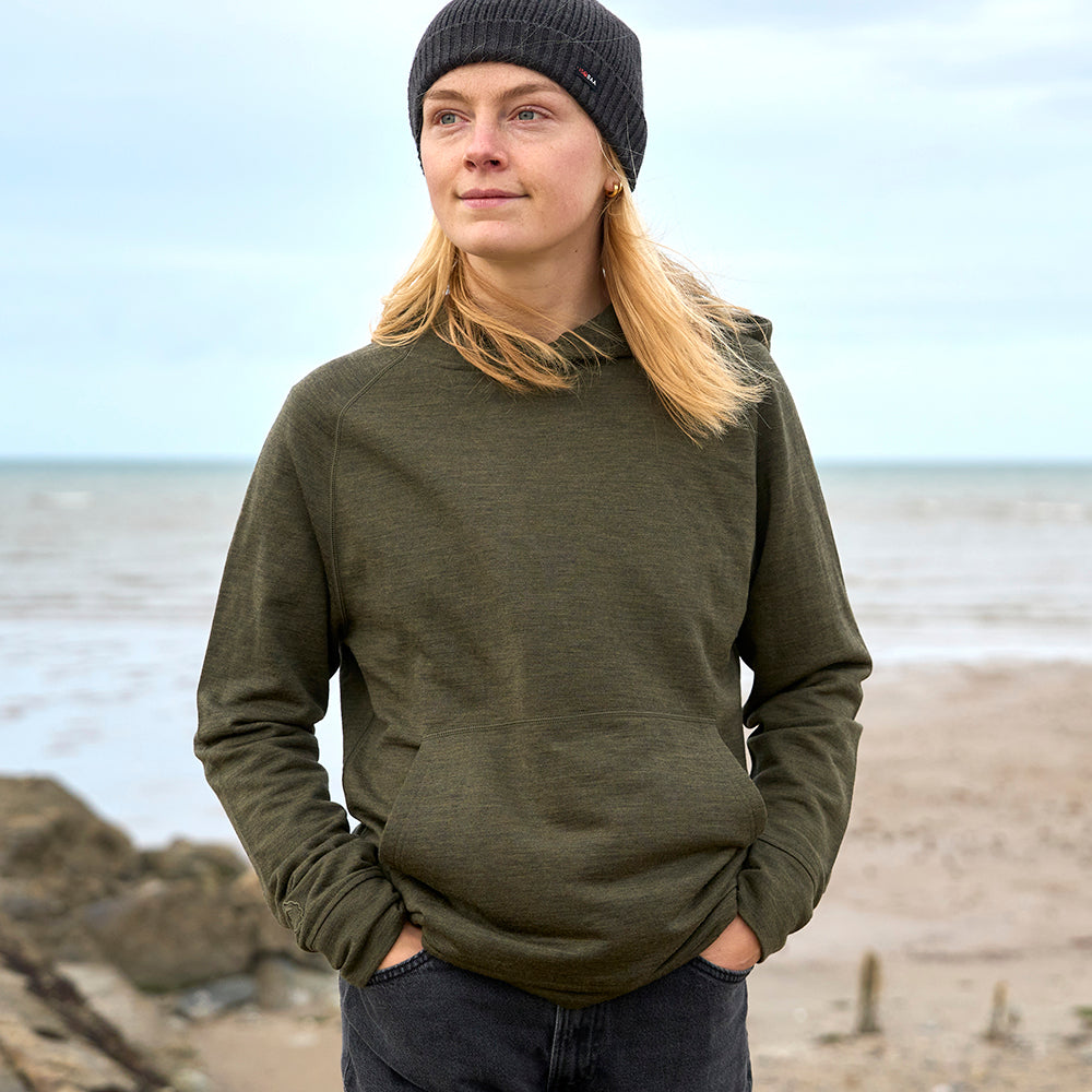 Womens Merino 260 Lounge Hoodie (Dark Olive) | Model: Cat