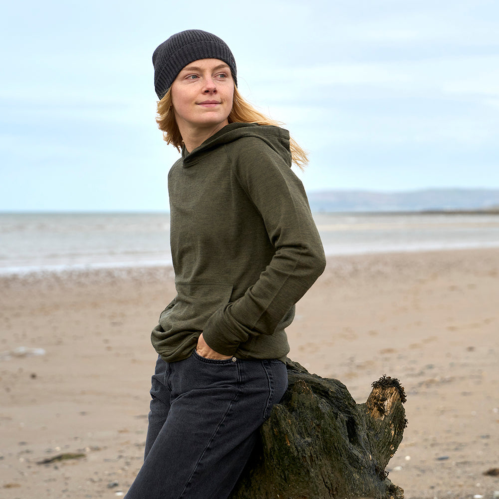Womens Merino 260 Lounge Hoodie (Dark Olive) | Model: Cat