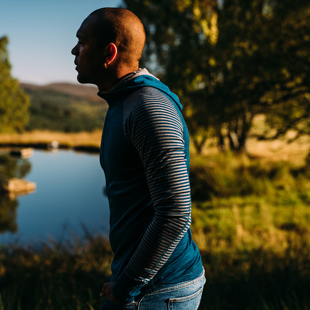 Isobaa | Mens Merino 200 Zip Neck Hoodie (Stripe Petrol/Charcoal) | The ultimate 200gm Merino wool hoodie. | Model: Edirin