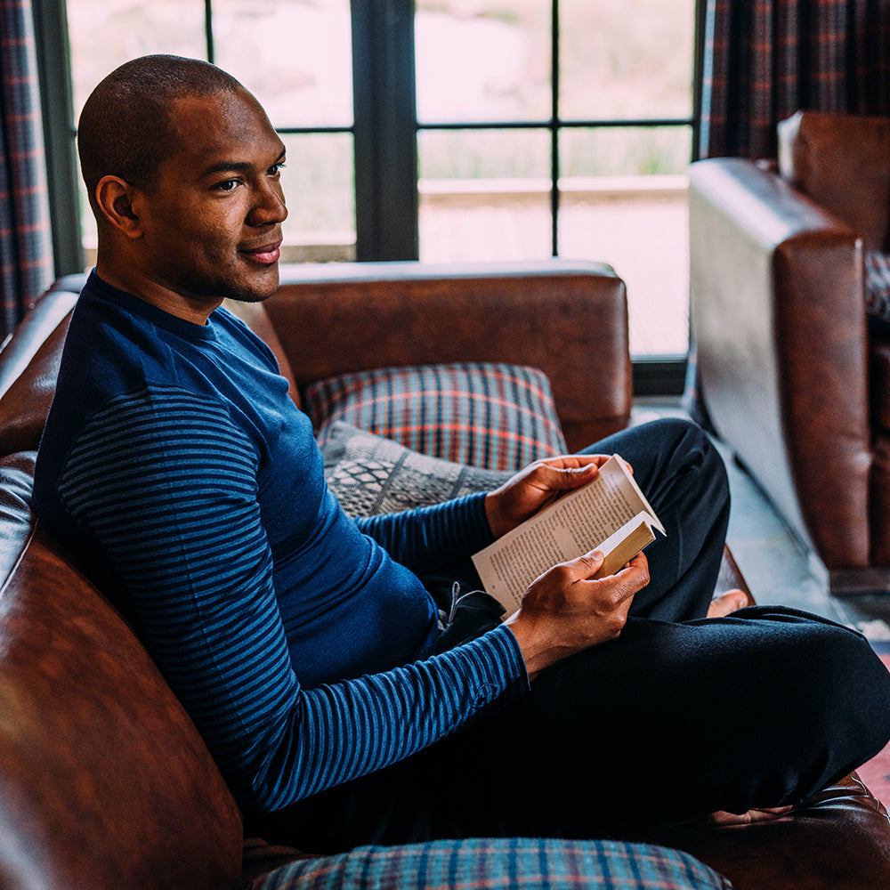 Isobaa | Mens Merino 180 Long Sleeve Crew (Stripe Navy/Denim) | Get outdoors with the ultimate Merino wool long-sleeve top. | Model: Edirin