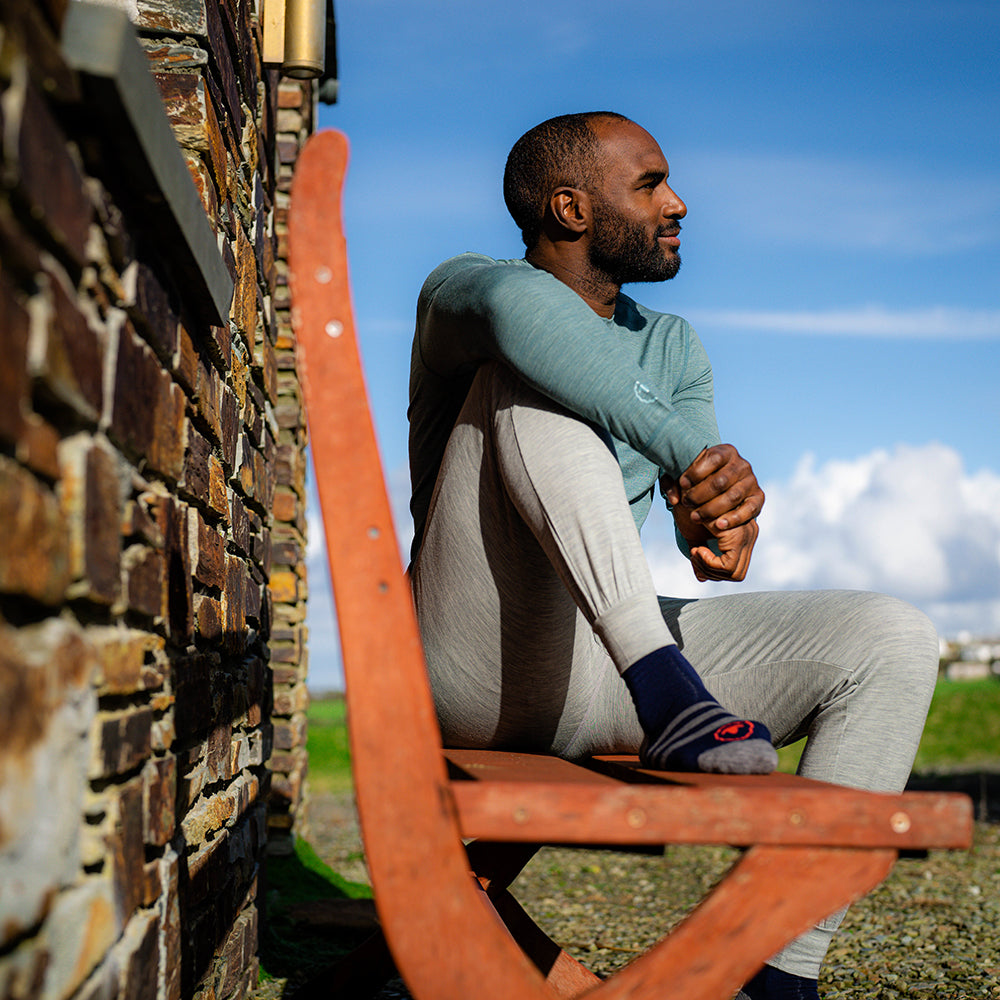 Isobaa | Mens Merino Blend 160 PJ Henley (Sage Melange) | Relax with our superfine Merino blend Henley. | Model: Michael