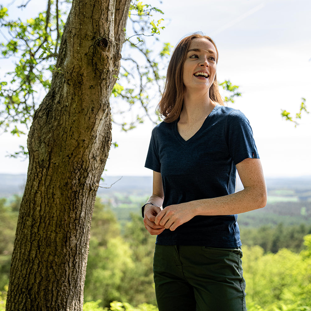 Isobaa | Womens Merino 150 V-Neck Tee (Petrol) | Embark on new adventures with Isobaa's superfine Merino V-neck Tee. | Model: Sophie