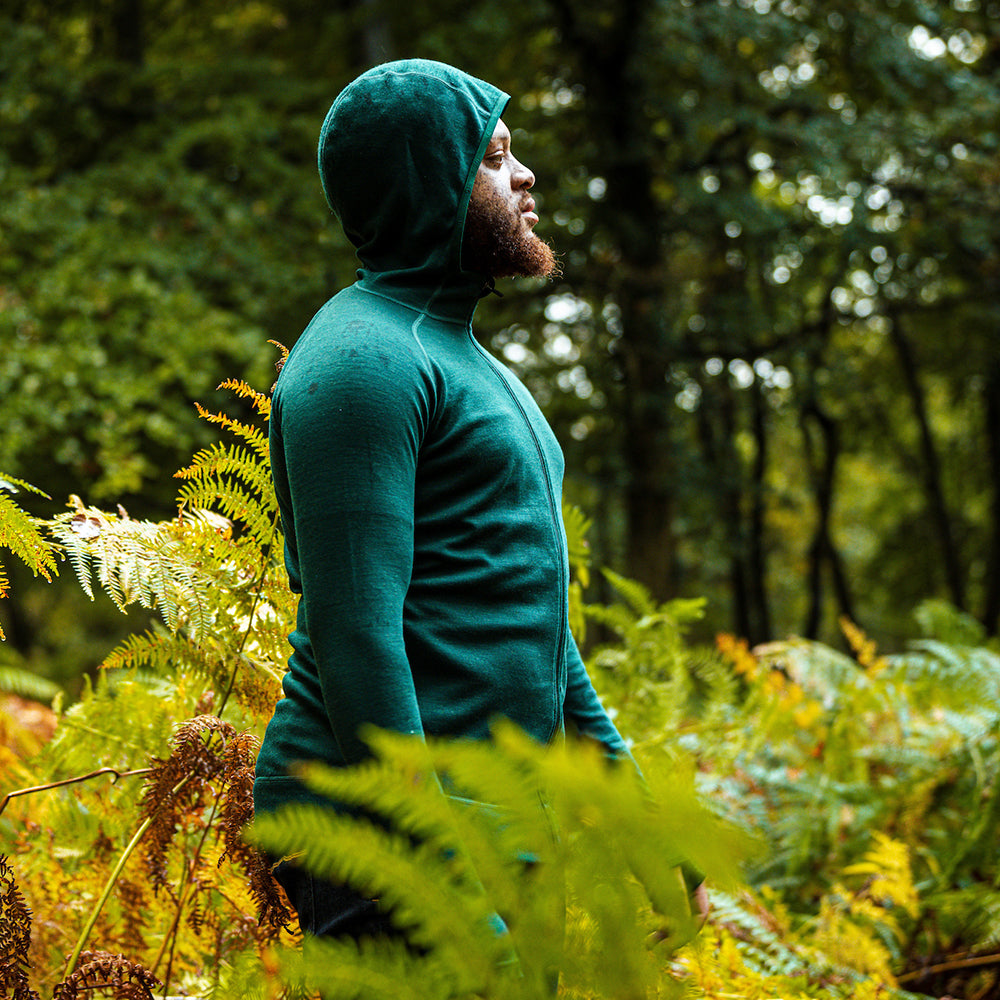 Isobaa | Mens IsoSoft 240 Hoodie (Emerald) | For chilly trailheads, post-workout cool-downs, and cosy weekends. | Model: Shaquille
