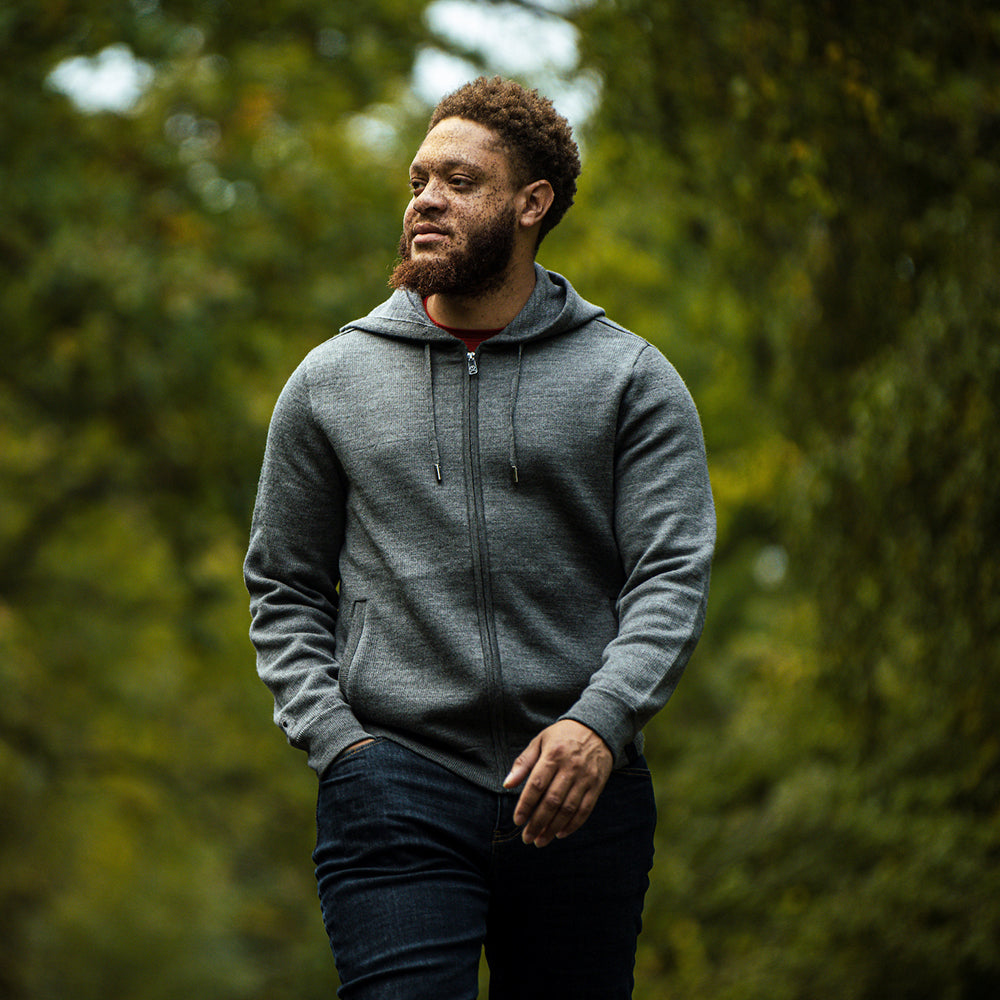 Isobaa | Mens LUX Hoodie (Smoke/Charcoal) | Discover the pinnacle of comfort with Isobaa's 100% Merino double-knit hoodie. | Model: Shaquille