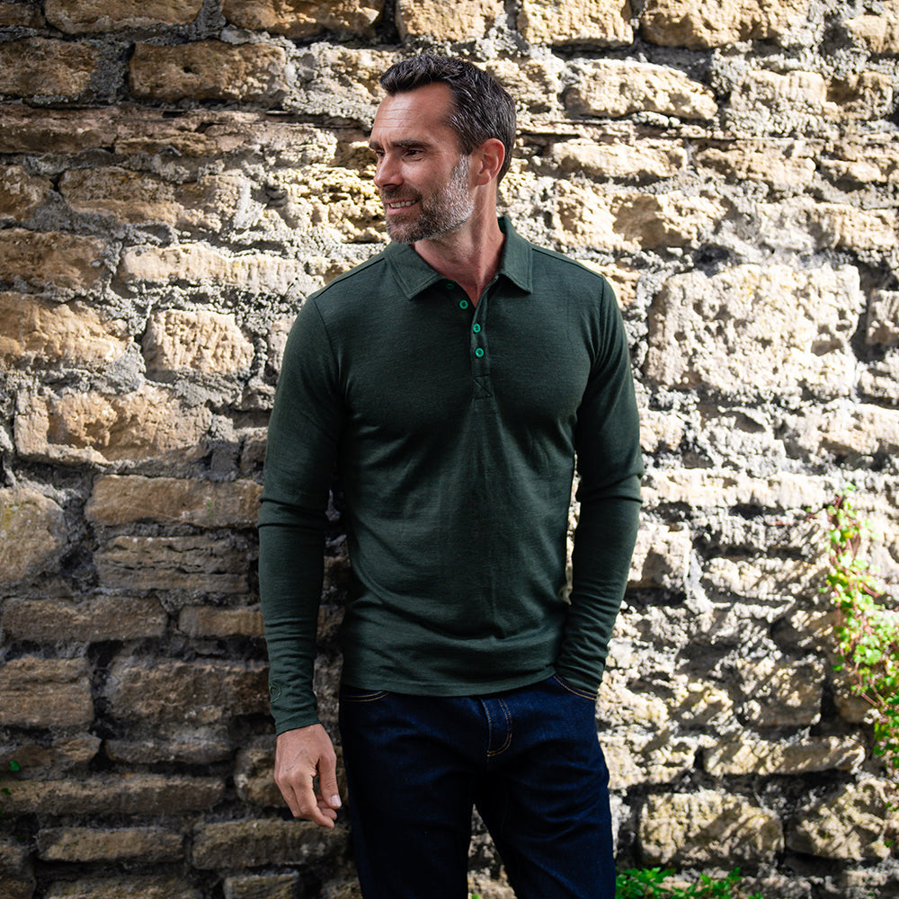 Isobaa | Mens Merino 200 Long Sleeve Polo Shirt (Forest/Green) | Discover unmatched comfort with our 200gm Merino wool polo. | Model: Ben
