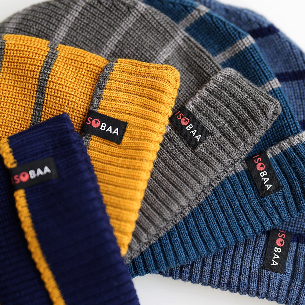 Isobaa | Merino Stripe Beanie (Navy/Mustard) | Wrap yourself in cosy warmth with Isobaa's Merino beanie.