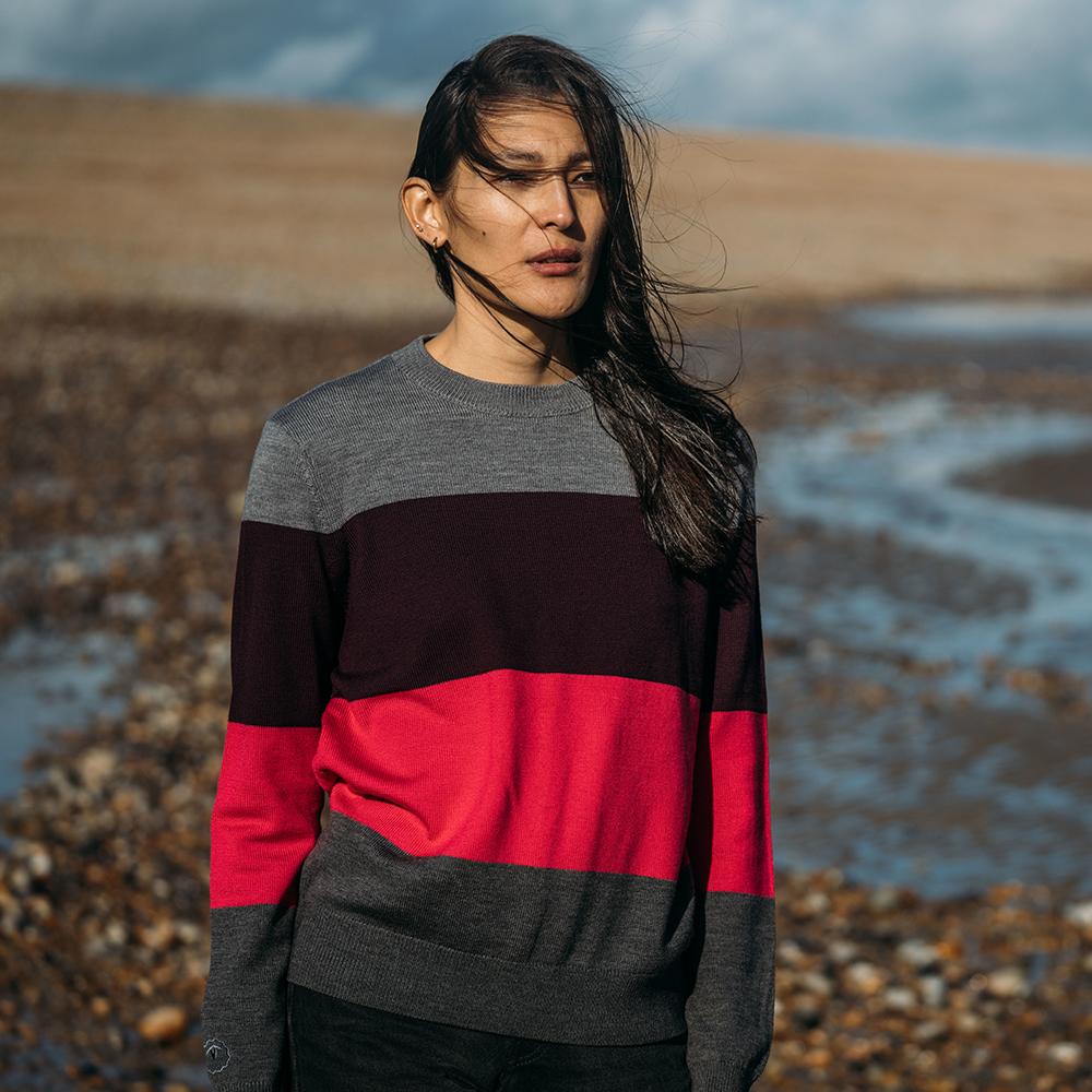Isobaa | Womens Merino Block Stripe Sweater (Charcoal/Wine/Fuchsia/Smoke) | Discover effortless style and exceptional comfort with our extrafine 9-gauge Merino wool crew neck sweater. | Model: Jessica