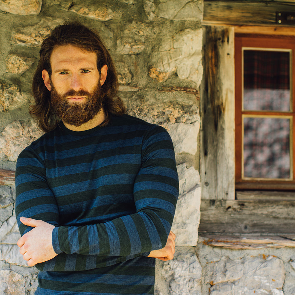 Isobaa | Mens Merino 180 Long Sleeve Crew (Forest/Denim) | Get outdoors with the ultimate Merino wool long-sleeve top. | Model: Craig