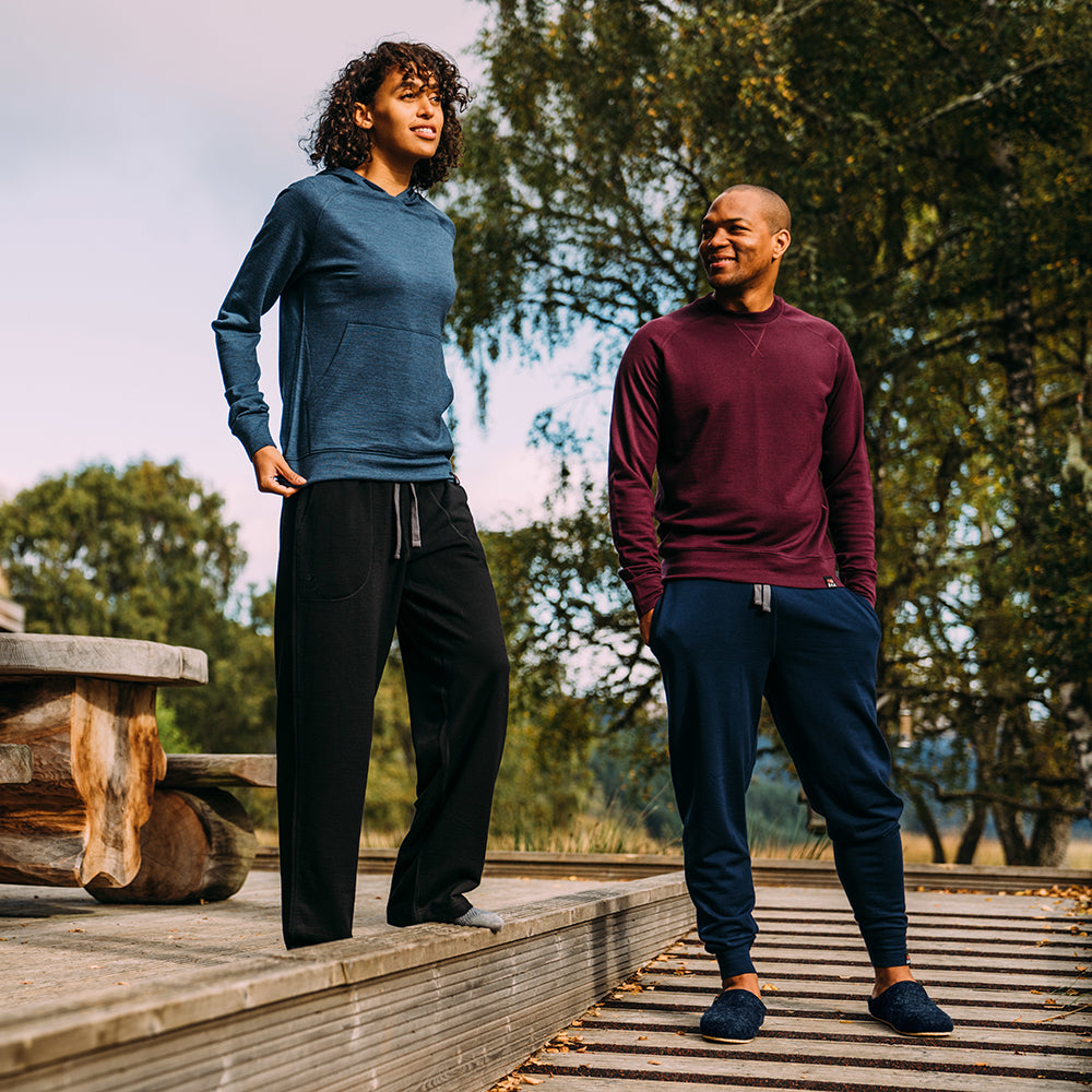 Isobaa | Mens Merino 260 Lounge Cuffed Joggers (Navy/Smoke) | Discover unparalleled comfort and versatility with our luxurious 260gm Merino wool lounge joggers. | Model: Edirin