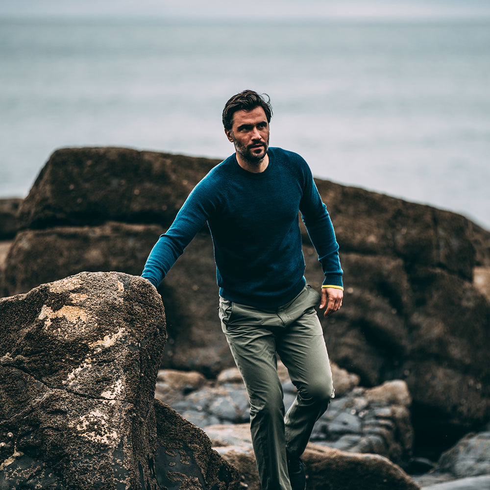 Isobaa | Mens Merino Crew Sweater (Petrol/Lime) | Everyday warmth and comfort with our superfine 12-gauge Merino wool crew neck sweater. | Model: Duncan