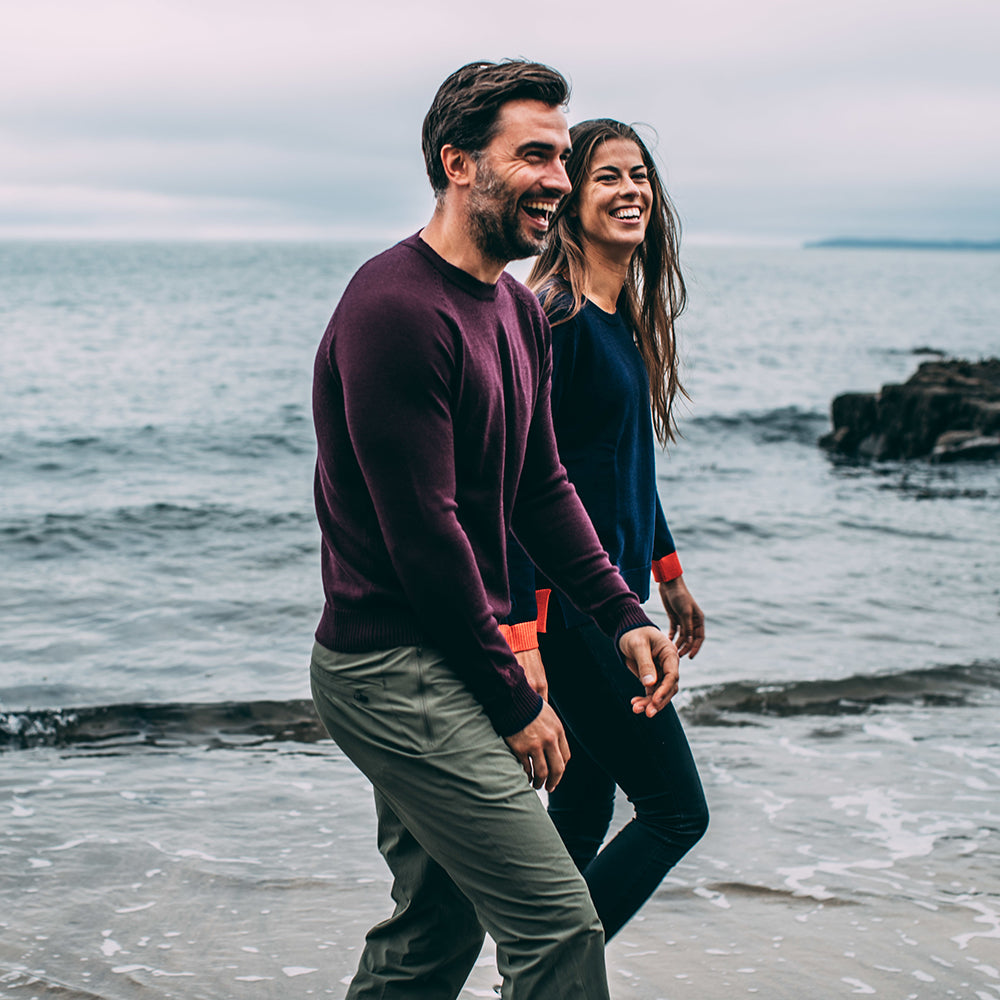 Isobaa | Mens Merino Crew Sweater (Wine/Navy) | Everyday warmth and comfort with our superfine 12-gauge Merino wool crew neck sweater. | Model: Duncan