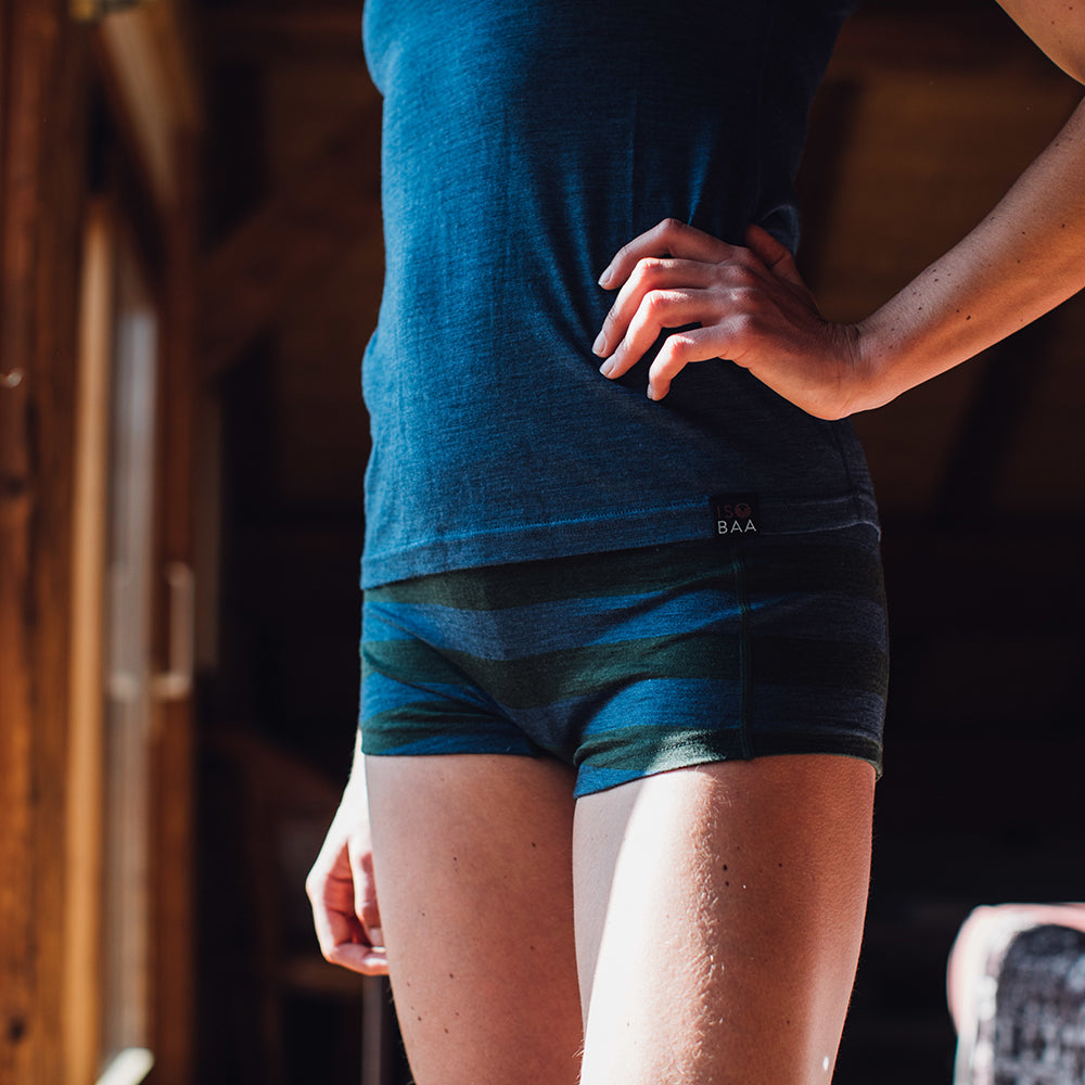 Isobaa | Womens Merino 180 Hipster Shorts (Forest/Denim) | Conquer any activity in comfort with Isobaa's superfine Merino hipster shorts. | Model: Jess