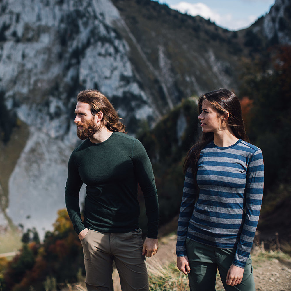 Isobaa | Womens Merino 180 Long Sleeve Crew (Denim/Charcoal) | Get outdoors with the ultimate Merino wool long-sleeve top. | Model: Jess