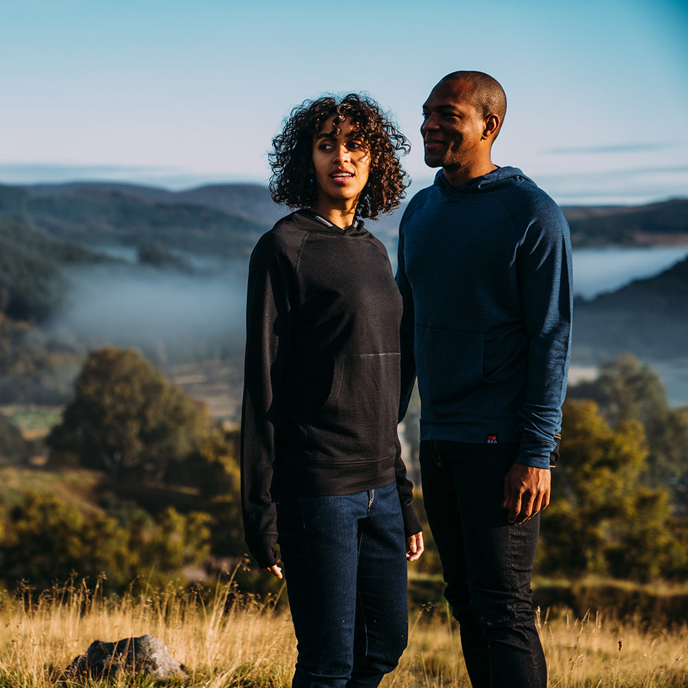 Isobaa | Womens Merino 260 Lounge Hoodie (Black/Smoke) | Experience the best in comfort and performance with our midweight 260gm Merino wool pullover hoodie. | Model: Micah