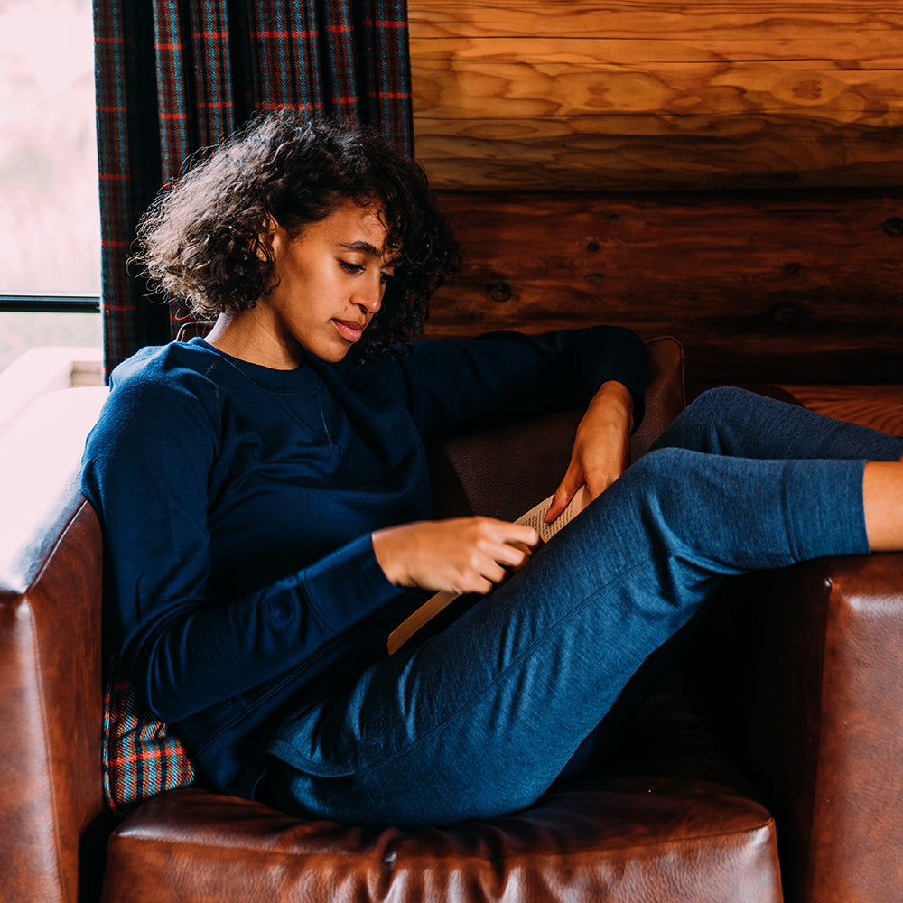 Isobaa | Womens Merino 260 Lounge Sweatshirt (Navy) | The ultimate 260gm Merino wool sweatshirt – Your go-to for staying cosy after chilly runs, conquering weekends in style, or whenever you crave warmth without bulk. | Model: Micah