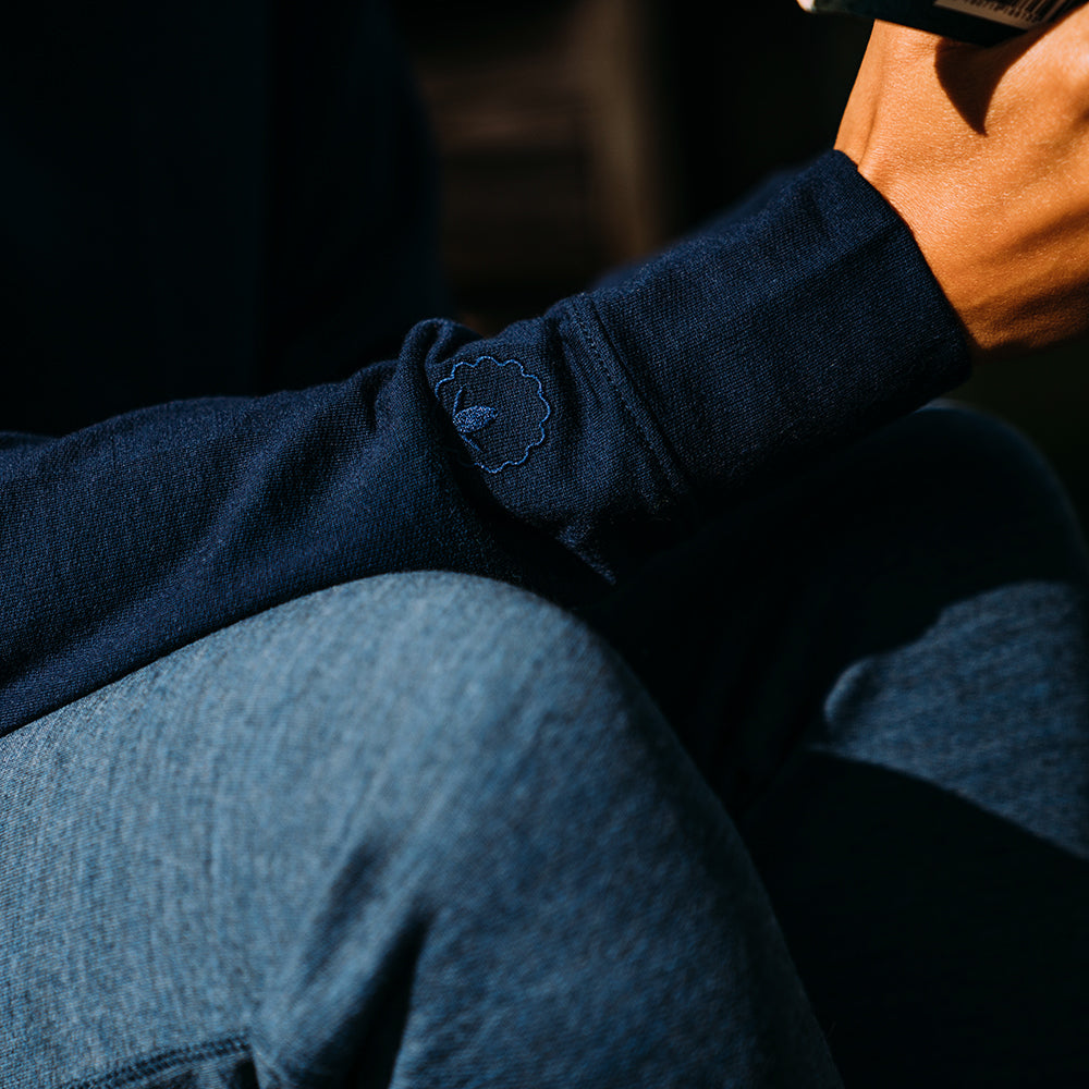Isobaa | Womens Merino 260 Lounge Sweatshirt (Navy) | The ultimate 260gm Merino wool sweatshirt – Your go-to for staying cosy after chilly runs, conquering weekends in style, or whenever you crave warmth without bulk. | Model: Micah