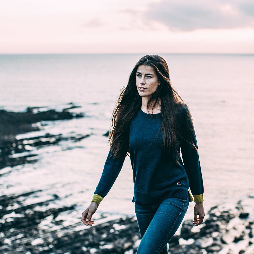 Isobaa | Womens Merino Crew Sweater (Petrol/Lime) | Everyday warmth and comfort with our superfine 12-gauge Merino wool crew neck sweater. | Model: Jess