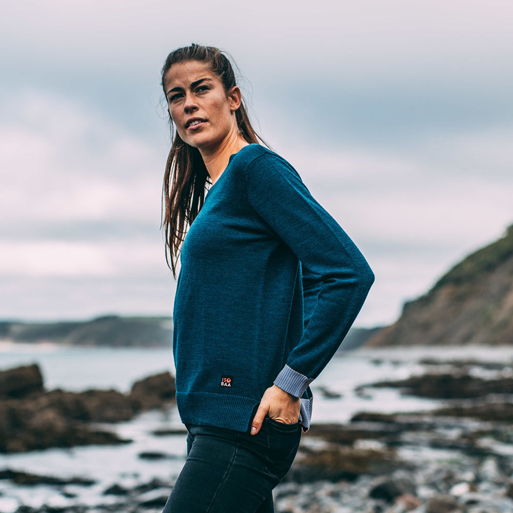 Isobaa | Womens Merino Crew Sweater (Petrol/Sky) | Everyday warmth and comfort with our superfine 12-gauge Merino wool crew neck sweater. | Model: Jess