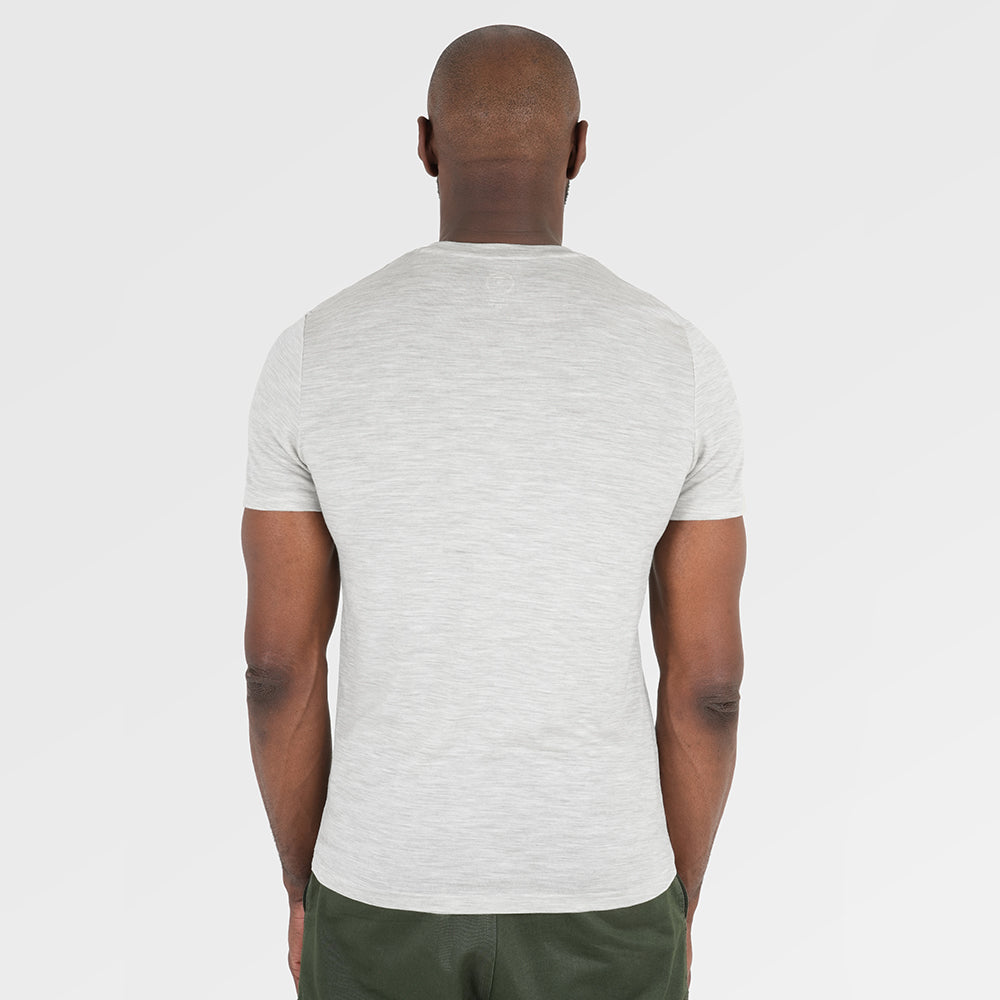 Mens Merino 150 Emblem Tee (Jute/Brown) | Model: Michael