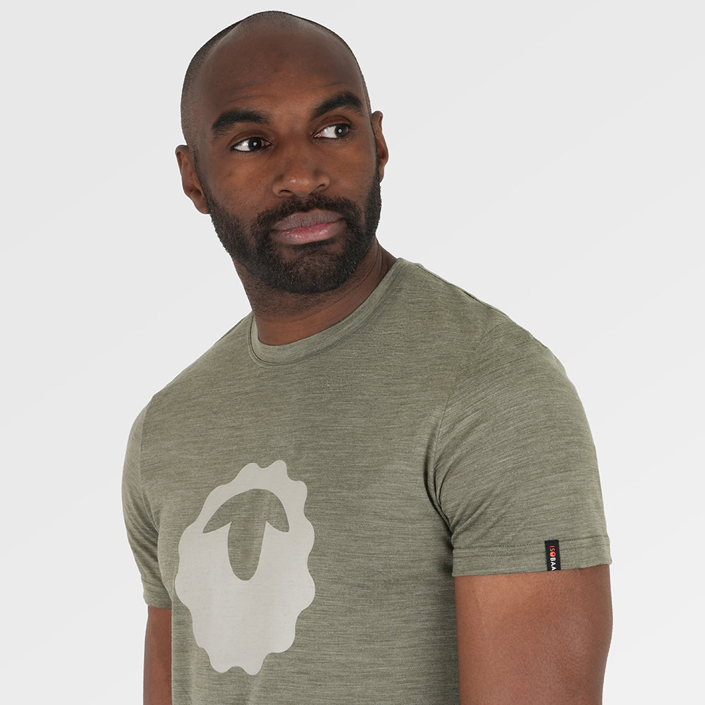 Mens Merino 150 Emblem Tee (Olive/Jute) | Model: Michael