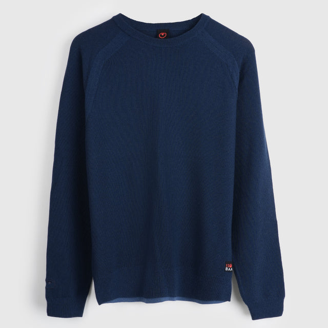 Homme Pull col rond Cinder Mérinos point de riz (Navy)