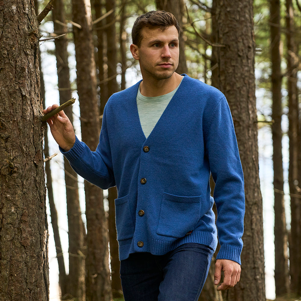 Mens Rove Merino Cardigan (Denim) | Model: James
