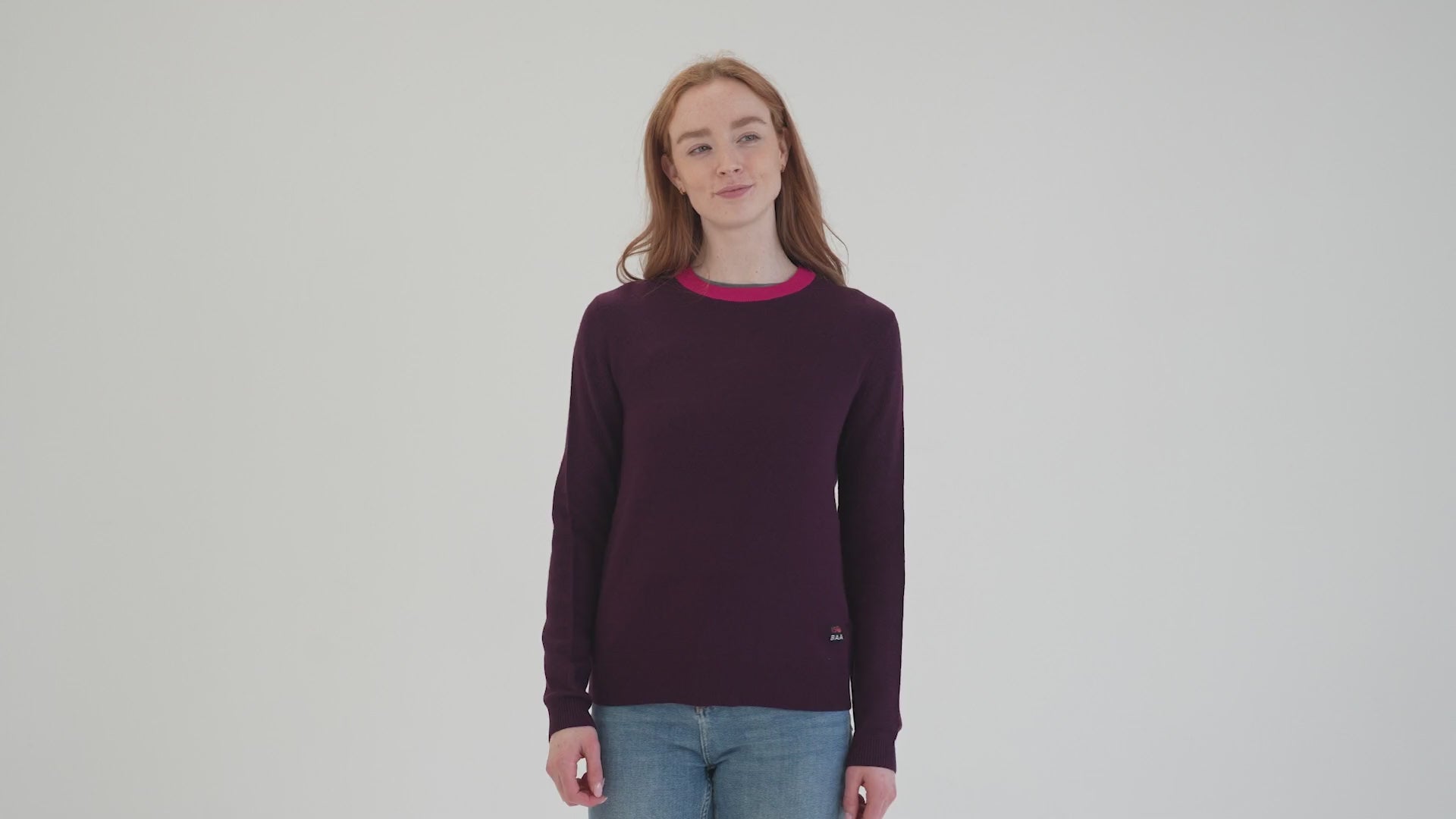 Womens Merino Honeycomb Sweater (Wine/Fuchsia) | Model: Sophie