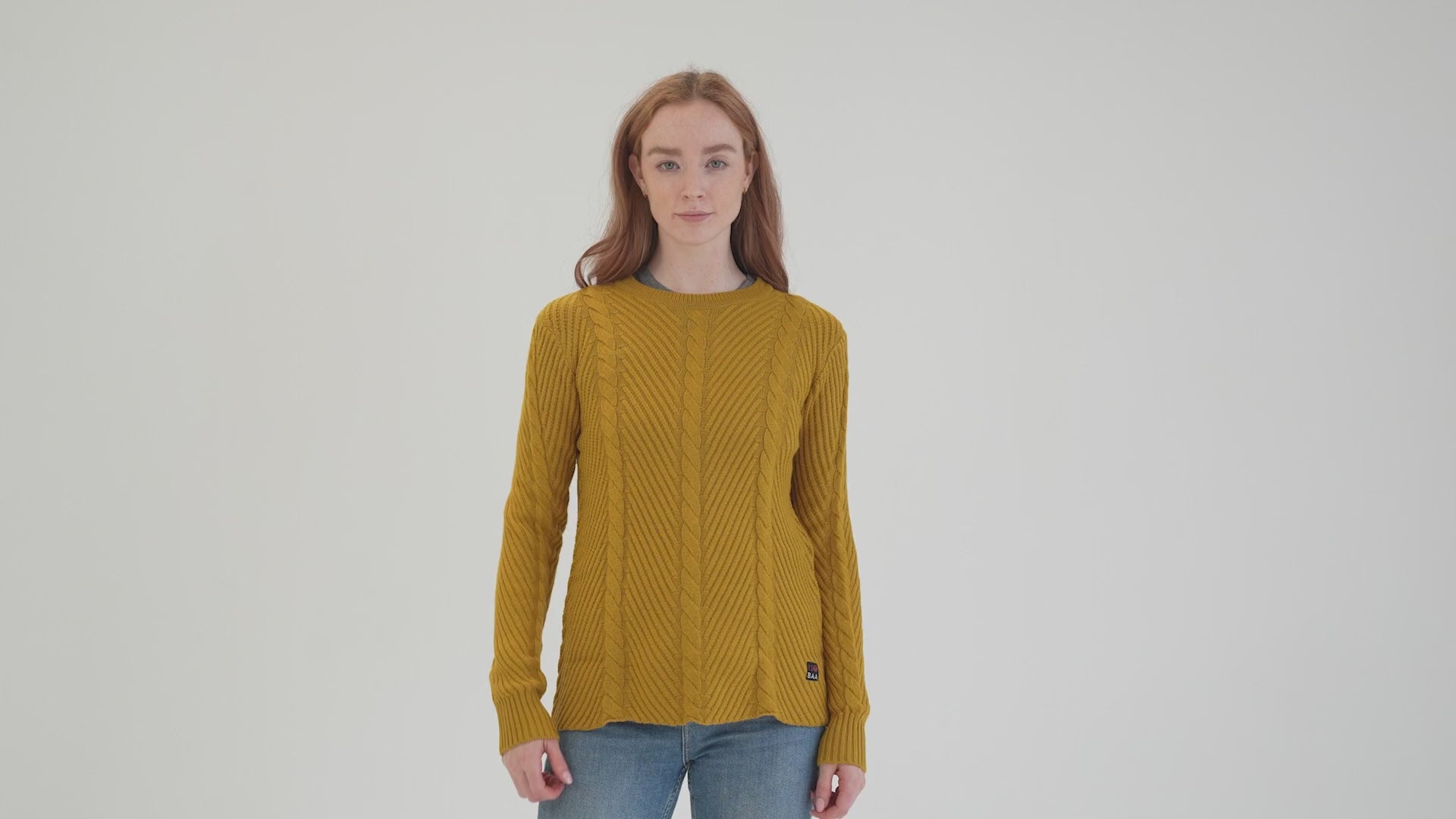 Womens Merino Cable Sweater (Mustard) | align: 45% 50% | Model: Sophie