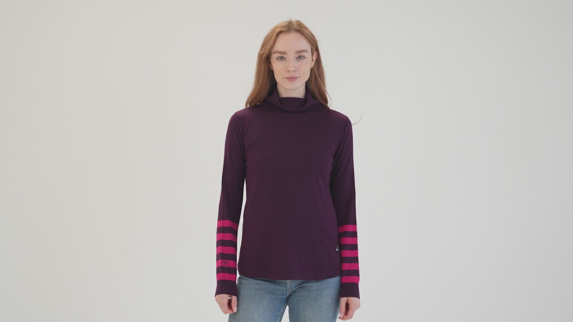 Womens Merino Roll Neck Sweater (Wine/Fuchsia) | Model: Sophie