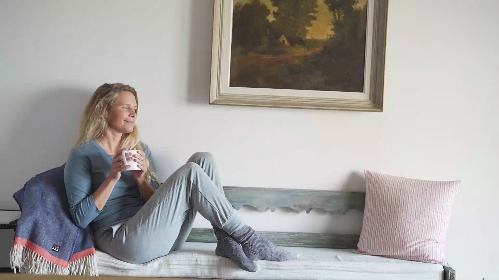 Isobaa | Womens Merino Blend 160 PJ Henley (Ocean Melange) | Embrace effortless comfort with Isobaa's Merino blend Henley. | align: 15% 80% | Model: Amy