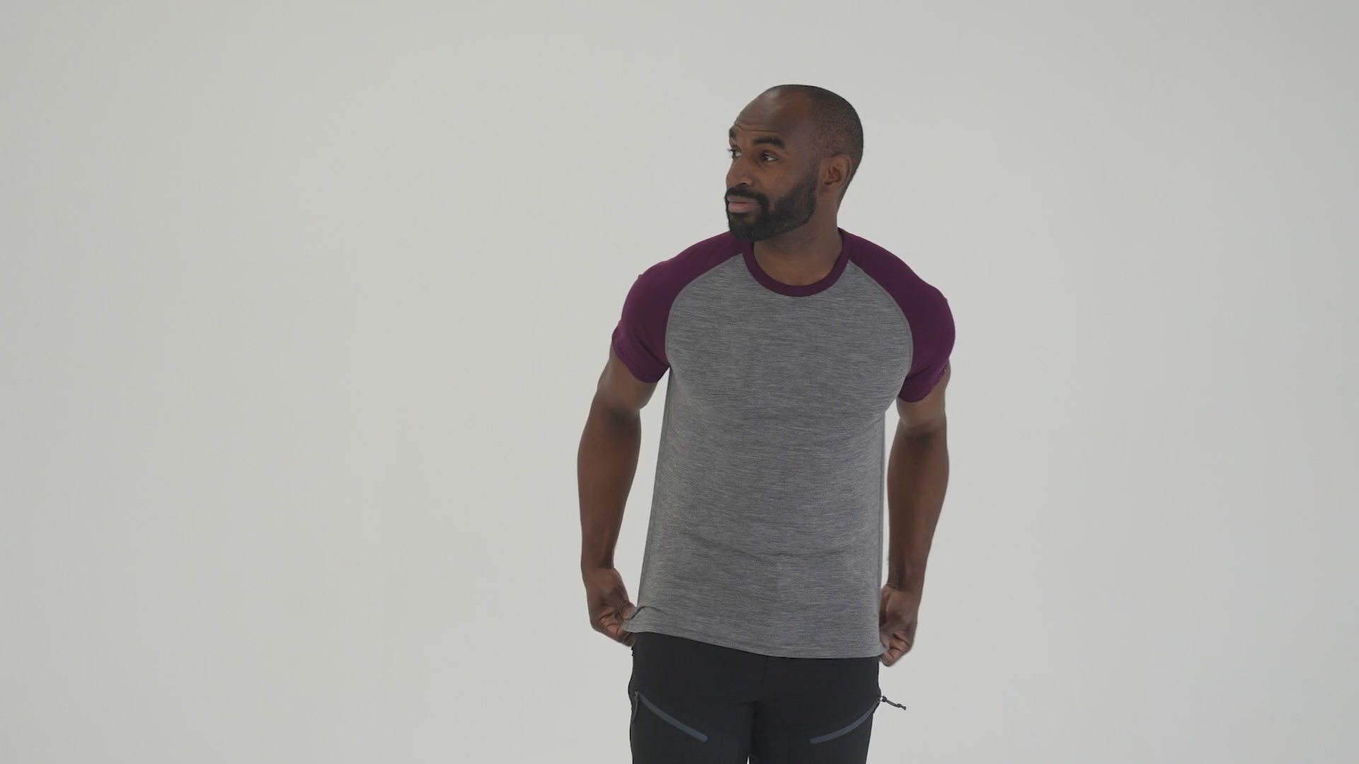 Mens Merino 150 Raglan Baseball Tee (Charcoal/Wine) | Model: Michael