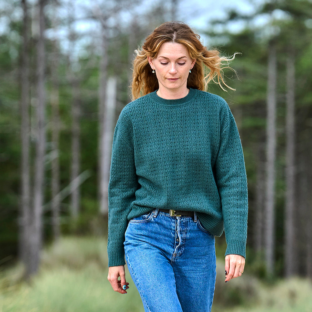 Womens Clover Merino Crew Sweater (Sea Green) | Model: Emma
