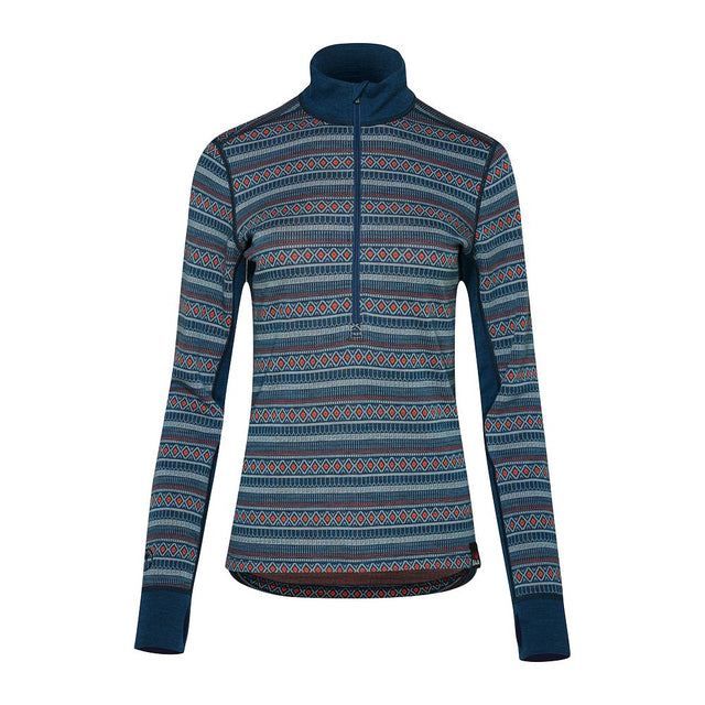 Womens Merino Blend 250 Fairisle Jacquard Long Sleeve Zip Neck (Petrol/Lagoon/Orange)