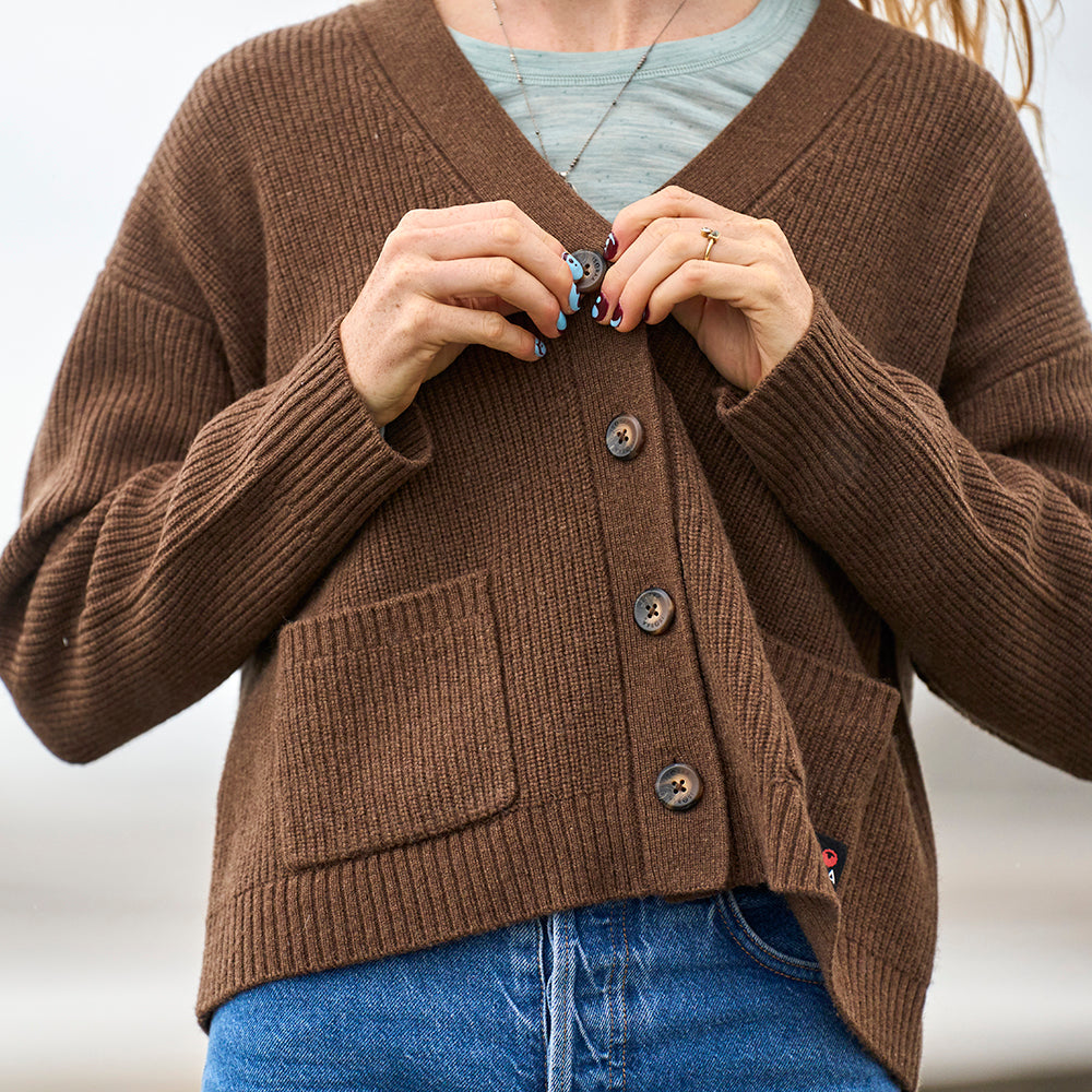 Womens Herdwick Merino Cardigan (Brown) | Model: Emma