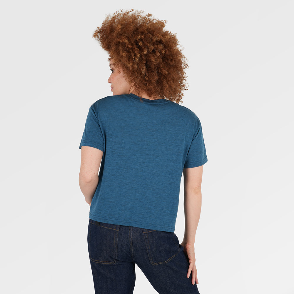 Womens Merino 150 Camping Relaxed Tee (Petrol/Sky) | Model: Chi Chi