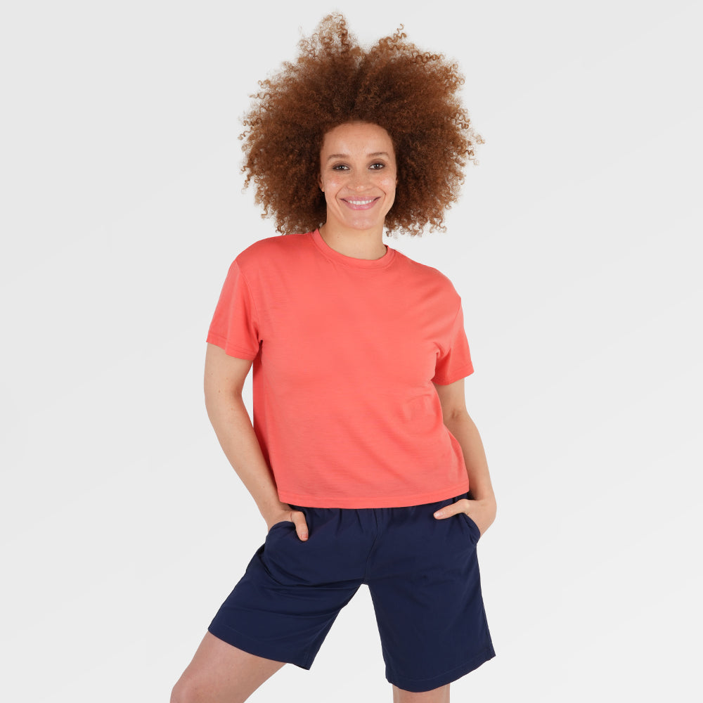 Womens Merino 150 Short Sleeve Relaxed Crew (Coral) | Model: Chi Chi 