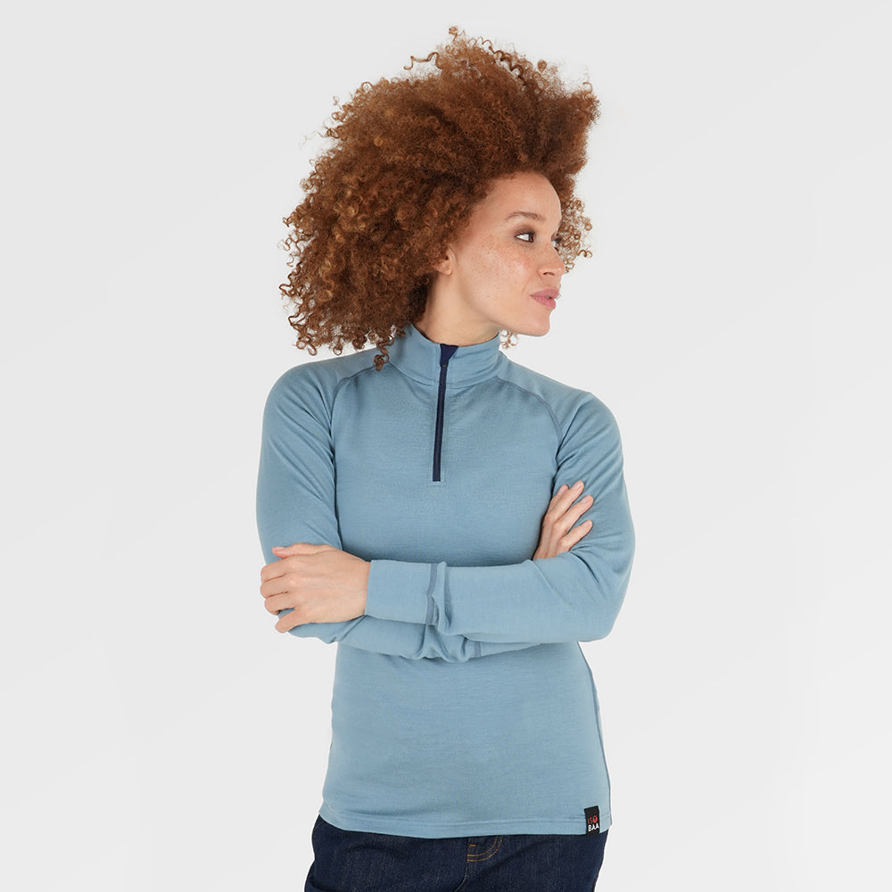 Womens Merino 200 Long Sleeve Zip Neck (Lagoon/Navy) | Model: Chi Chi